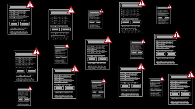 Multiple document icons arrays highlight critical server processing errors. Network maintenance tutorial videos leverage this high contrast alert document dashboard. Document logs flash red.