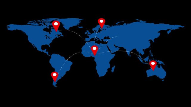 World map layout vectors track international travel lines via red location pins. Global logistics distribution operations look completely organized over this travel matrix. Travel maps expand.