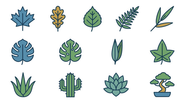 Collection of stylized plant icons: leaves, cactus, succulent, bonsai tree, maple, fern
