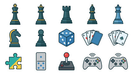 Collection of Game Icons: Chess, Cards, Dice, Dominoes, Puzzle, Joystick, Controllers © pejek