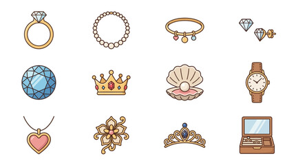 Collection of Jewelry Icons: Rings, Necklaces, Bracelets, Earrings, Crown, Watch, Gems © pejek