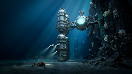 Naklejka premium Advanced Deep-Sea Exploration Submarine Near Ocean Floor with Light Beams