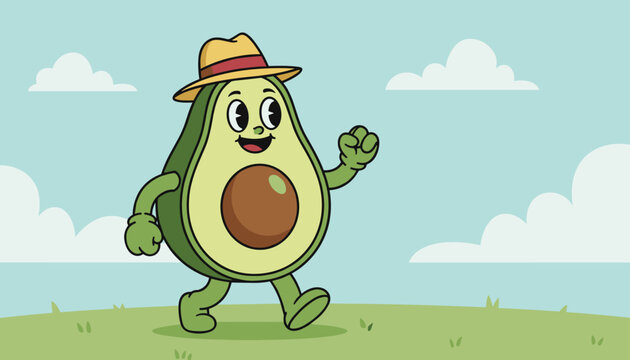 Retro avocado character in vintage cartoon style wearing a straw hat walking on a grassy hill under a cloudy sky.