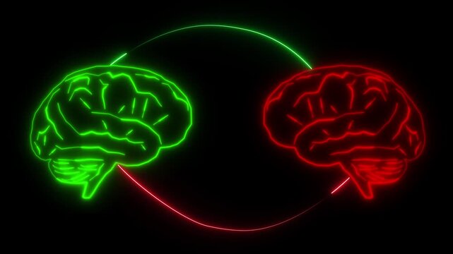 Two neon brain outlines exchange critical information streams using light arcs. Human psychology research videos benefit greatly from this conceptual brain interface tool. Brain models glow.