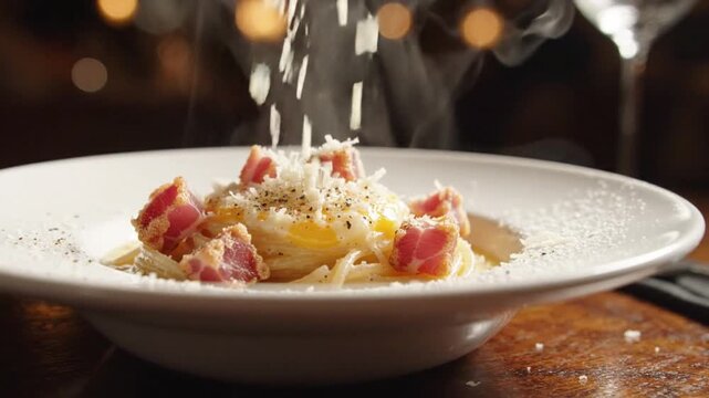 Fresh Spaghetti Carbonara with Crispy Bacon and Grated Parmesan Cheese in a Romantic Candlelit Setting