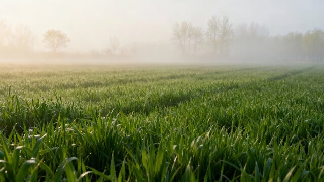 A misty morning over a lush green field with soft sunlight and distant trees