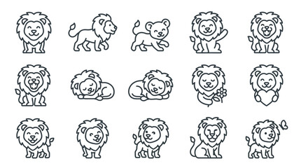 Cute Lion Icon Set: Adorable Cartoon Animals with Various Poses and Expressions © peyek