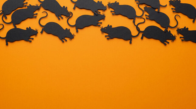 Halloween orange background featuring rats paper cut out top border with spooky copy space for horror party invitation, greeting card, banner, poster and autumn design