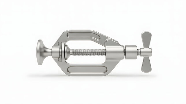 Metal G-clamp mockup isolated on white background with adjustable thumbscrew thread.Industrial steel bracket clamp hardware template with copy space, front view.