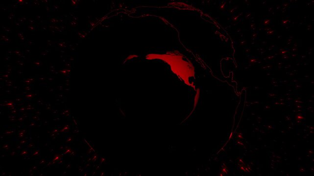 Red outline of Americas maps track logistics vectors across a world globe. Transatlantic commercial shipping firms evaluate distribution routes using this Americas asset. Americas paths pulse.