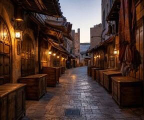 Fototapeta premium Historic Stone Alley Market Before Opening Hours