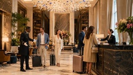 Obraz premium Checking In at Luxury Hotel Reception