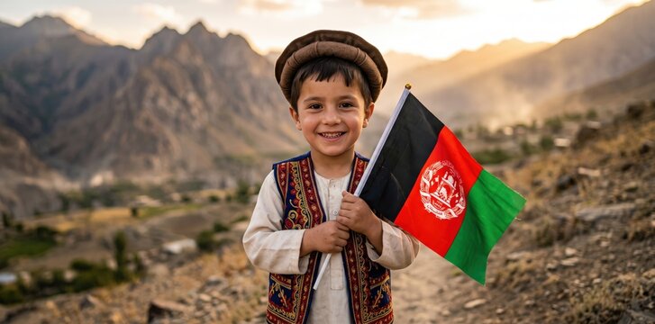 Young afghan boy wearing a traditional pakol hat and embroidered vest, smiling while holding the flag of afghanistan in a rugged mountain landscape at sunset