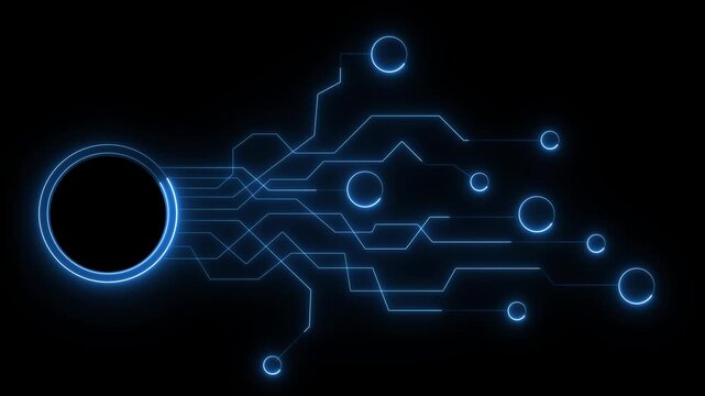 Glowing blue circuit board networks illuminate a dark screen canvas smoothly. Automated network database infrastructure topics look highly immersible over this circuit mesh. Circuit grids glow.