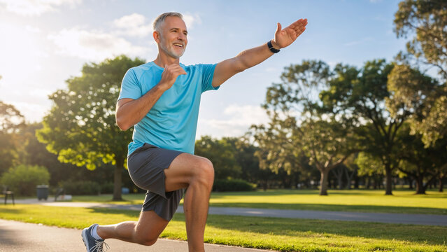 Senior man performing lunge exercise outdoors. Healthy lifestyle and fitness activity for aging adult. Caucasian male exercising in park.