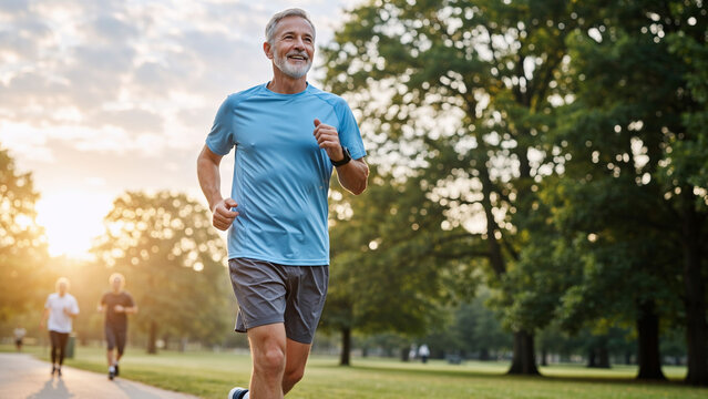 Happy man jogging in park in morning light. Healthy lifestyle for senior people, active recreation outdoor, fitness, and vitality concept.