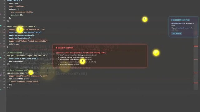 Digital screen showing computer programming code with red error messages and yellow warning alerts