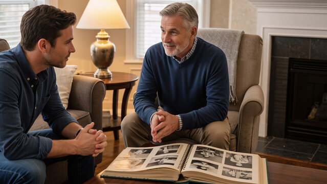 Young man visiting mature man at home, looking at old photo album, sharing memories, and enjoying conversation in cozy living room.