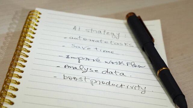Close up static shot of a spiral notebook with handwritten AI strategy notes and a black pen resting on a light wooden office desk. The corporate business plan focuses on boosting team productivity.