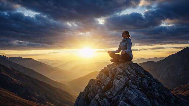 Female hiker meditating at sunset on a mountain top, finding peace and spiritual balance in nature with a serene view.
