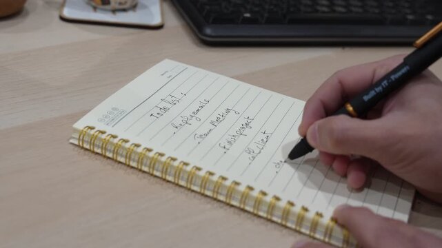 shot of male hands writing a daily to do list in a spiral notebook using a black pen. The modern wooden office desk features a computer keyboard and decorative mug in the blurred background.
