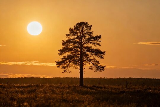 Silhouetted pine tree in a field at sunset with a bright sun in the sky