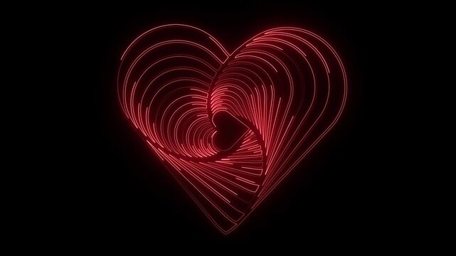 Swirling red neon heart shapes glide gracefully to form an abstract design. Valentine event advertisement videos gain a gorgeous modern romantic heart overlay asset. Heart patterns twist neat.