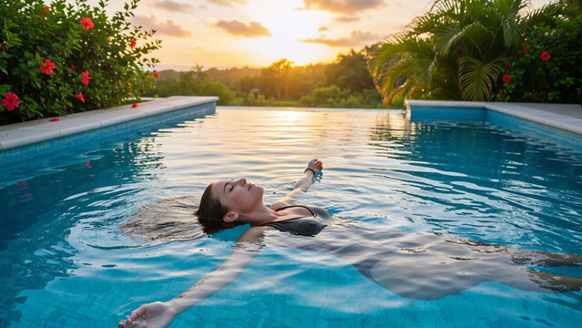 Woman floating on her back in an infinity pool at sunset. Tropical vacation and healthy lifestyle concept. Relaxation and summer holiday.