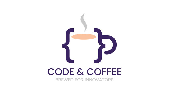 Minimalist vector graphic logo design featuring a coffee mug formed by purple curly code brackets