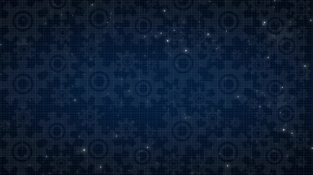 Dark blue grid background sheets slide subtle gears patterns underneath text. Architecture company corporate media packages look highly polished using this gears grid asset. Gears cogs turn.