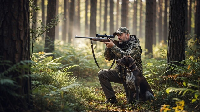Hunter man aiming with a rifle in a forest while his hunting dog sits beside him. Outdoor pursuit and responsible hunting concept.