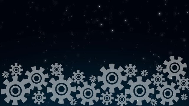 Dark blue starry sky panels place a row of grey gears across the horizon. Technical industrial history documentaries gain an interesting background gears design texture. Gear cogs turn slowly.