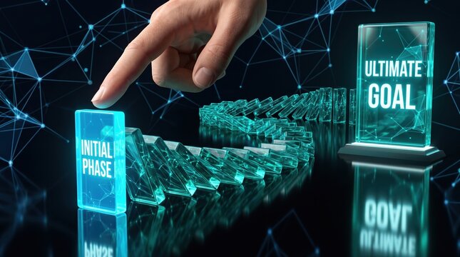 Business domino effect concept with glowing glass blocks, initial phase starting a chain reaction to reach the ultimate goal, strategic planning