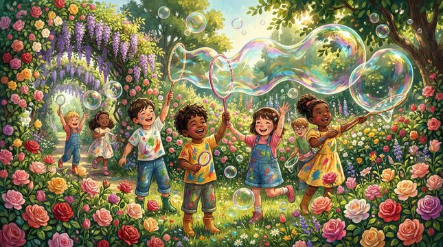 Happy diverse children playing with bubbles in a colorful garden full of flowers