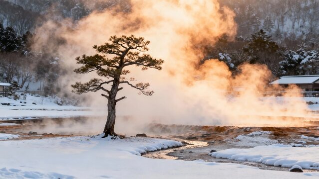 A lone pine tree stands in a snowy landscape with steam rising from a hot spring in winter.