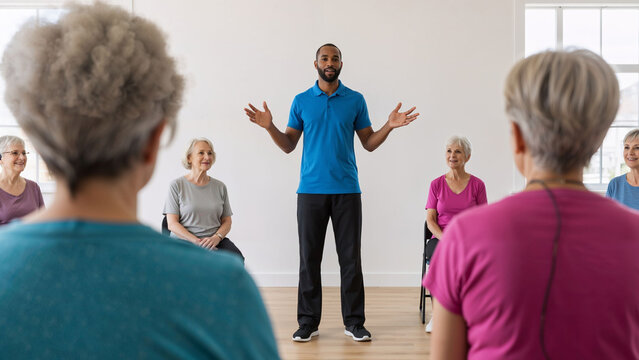 African american man fitness instructor teaching a class to senior women. Group exercise for elderly. Healthy lifestyle concept for older adults.