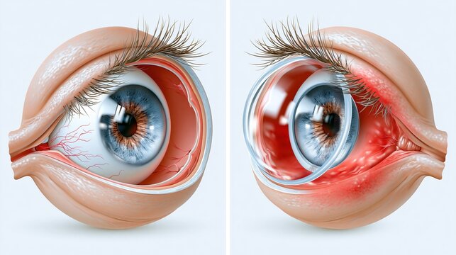 Contact Lens Health Week: medical illustration comparing a healthy cornea versus an irritated cornea with a contact lens, side-by-side anatomical cross-sections, precise clinical linework