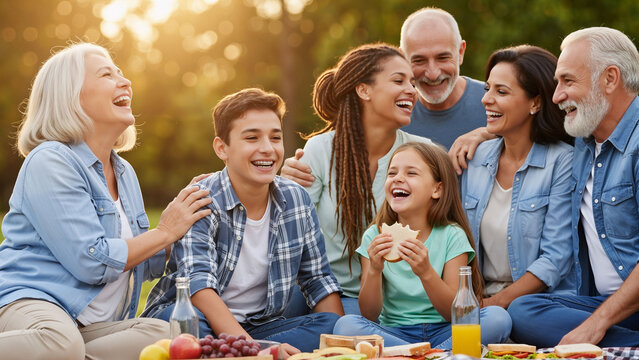 Happy multi generation family having a picnic outdoors. Grandparents, parents, and children laughing together during summer gathering.