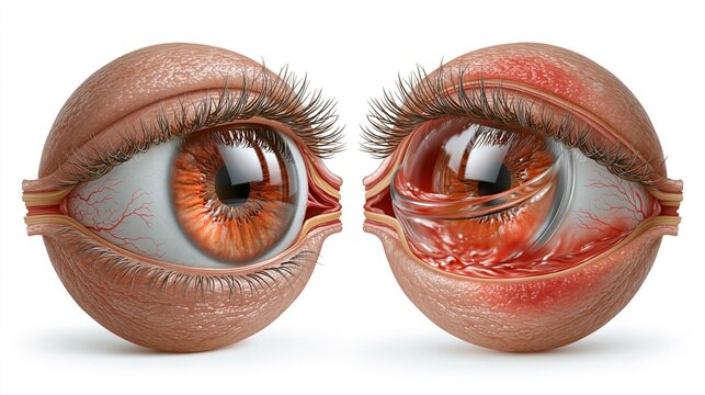 Contact Lens Health Week: medical illustration comparing a healthy cornea versus an irritated cornea with a contact lens, side-by-side anatomical cross-sections, precise clinical linework