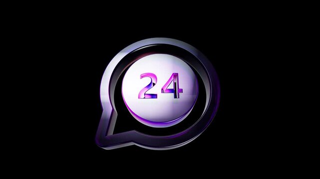 3d metallic speech bubble icon with number twenty four isolated on black background 3D Icon