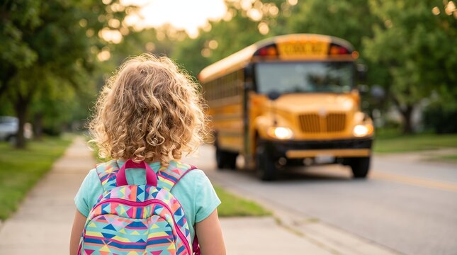 Girl with colorful backpack waiting for a yellow school bus in the morning