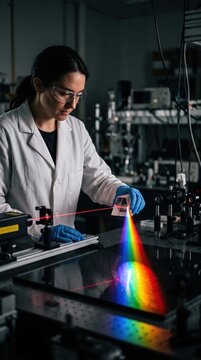 Scientist refracts red laser beam through prism, creating rainbow spectrum