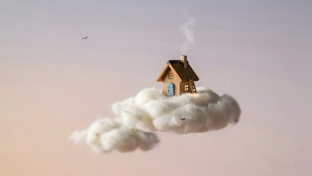 Small wooden house on fluffy cloud with chimney emitting smoke in sky