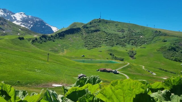 Stunning view from Hahnenmoos in the Bernese Oberland, Switzerland, overlooking lush green alpine pastures, a scenic hiking paradise surrounded by pristine mountain nature and panoramic beauty