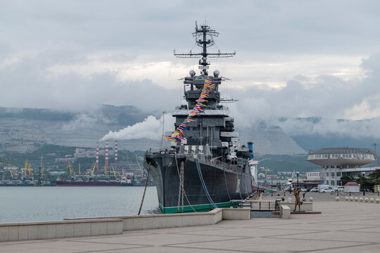 NOVOROSSIYSK, RUSSIA - MAY 14, 2024: View of the Soviet cruiser Mikhail Kutuzov on a cloudy May morning