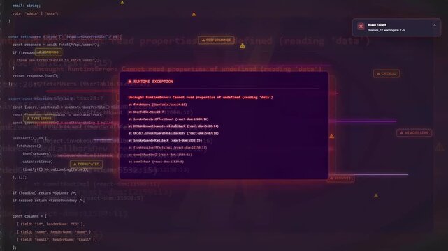 Computer screen showing complex software code with red error messages and debugging process