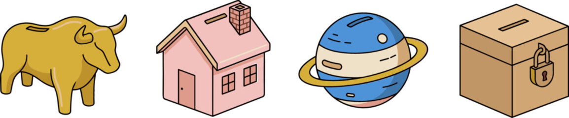Isometric Piggy Bank Money Box Vector Set Shaped Like Bull House Saturn Planet and Locked Wooden Chest © Mst