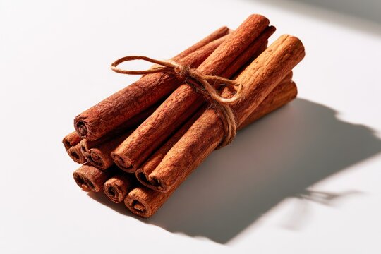 Tied bundle of dried cinnamon sticks with warm lighting casting shadows