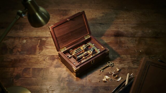 Vintage Mechanical Morse Code Key and Wires in Wooden Box on Rustic Table