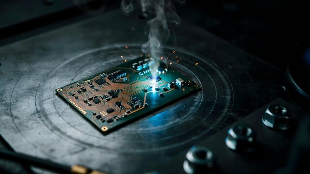 Surreal image of a circuit board with glowing laser beam and smoke on dark surface